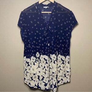 Siren Lily Sheer Blouse Women 3X Navy Blue White Floral Boho Ties On Sleeves